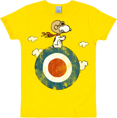 Yellow T-shirt with Snoopy flying ace graphic sitting on target roundel with clouds in vintage style.