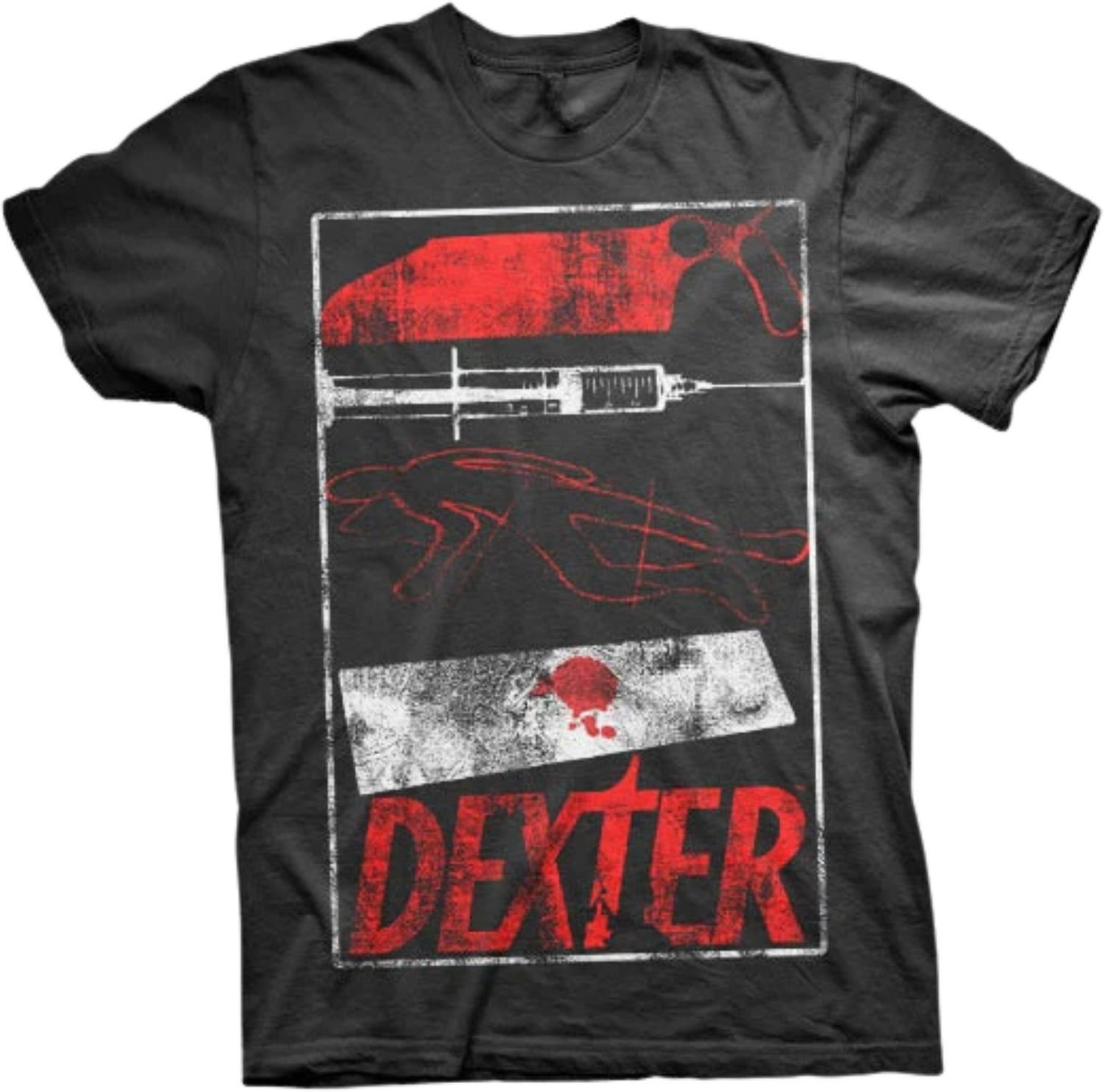 Black Dexter T-shirt with red graphic of knife, syringe, crime scene outline and blood splatter.