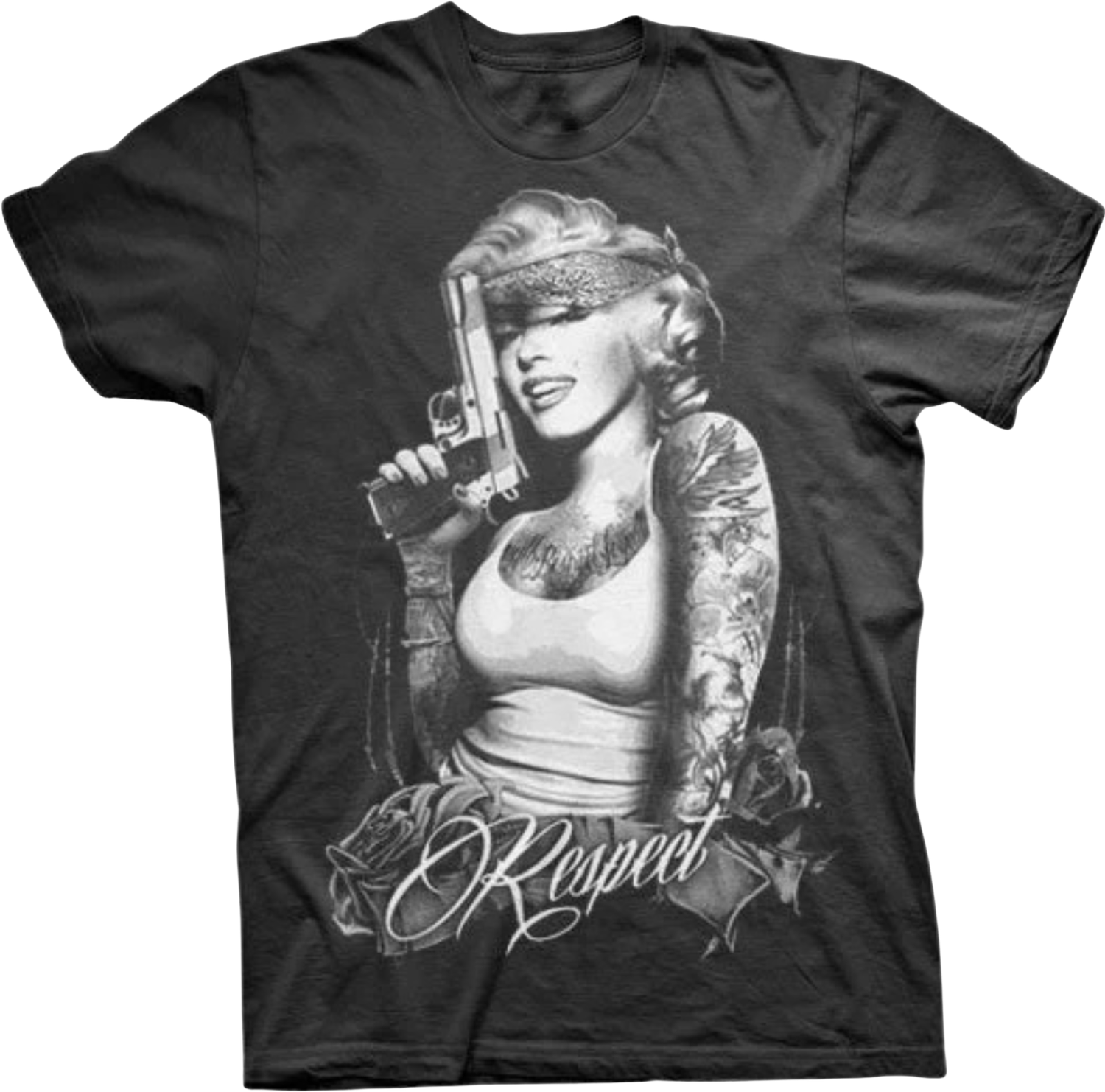 Black T-shirt with tattooed woman Marilyn holding gun, blindfolded, with “Respect” script design.