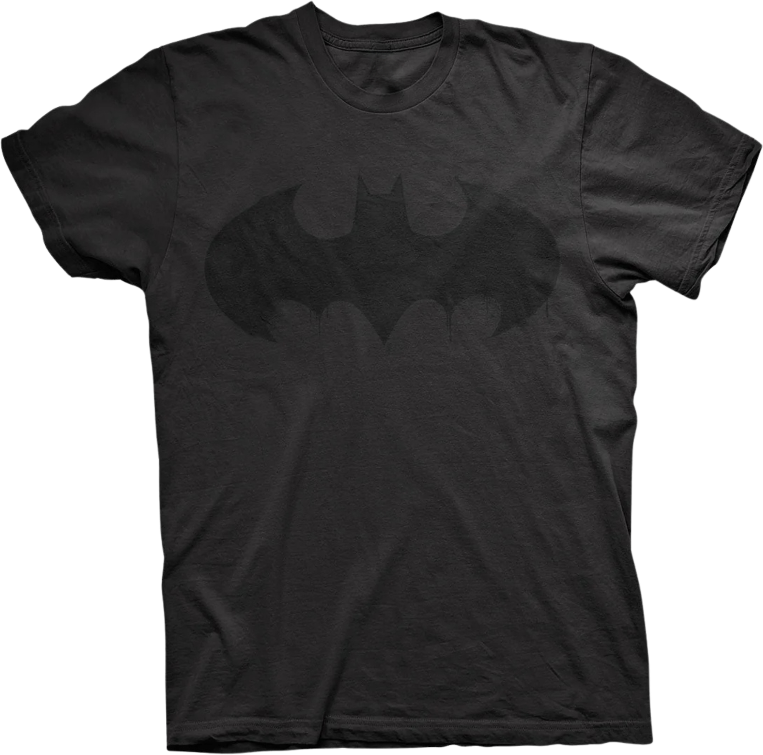 Black T-shirt with subtle black Batman logo print on the chest.