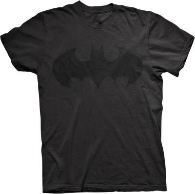 Black T-shirt with subtle black Batman logo print on the chest.