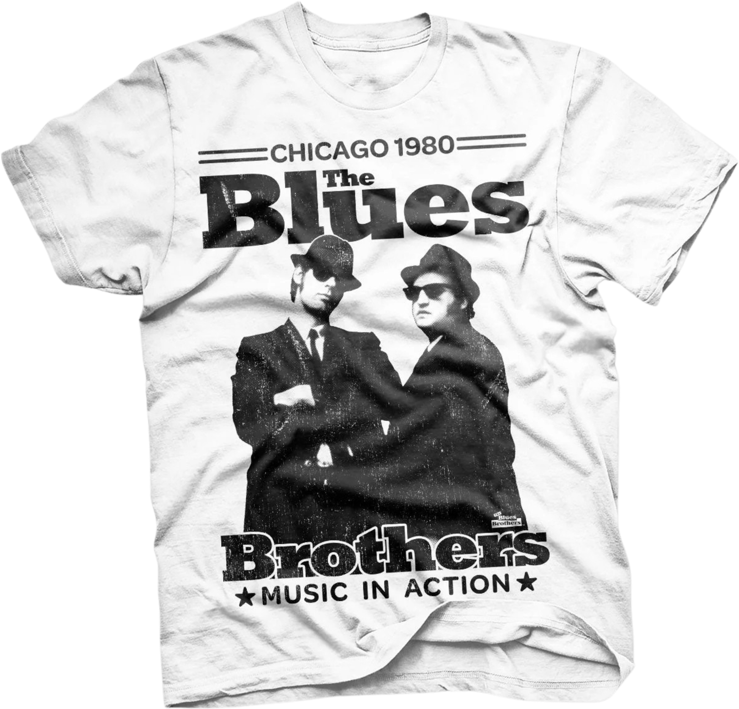 White T-shirt with The Blues Brothers graphic, Chicago 1980 text and “Music in Action” print.
