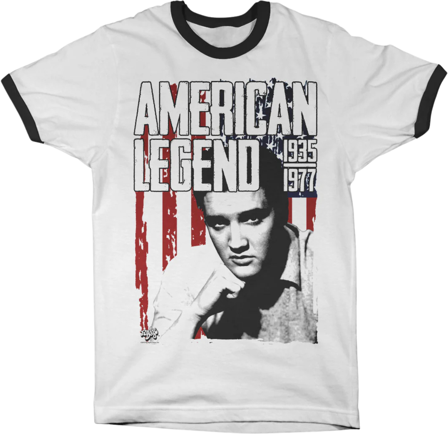 White ringer T-shirt with Elvis Presley graphic, American flag background and “American Legend 1935–1977” text.