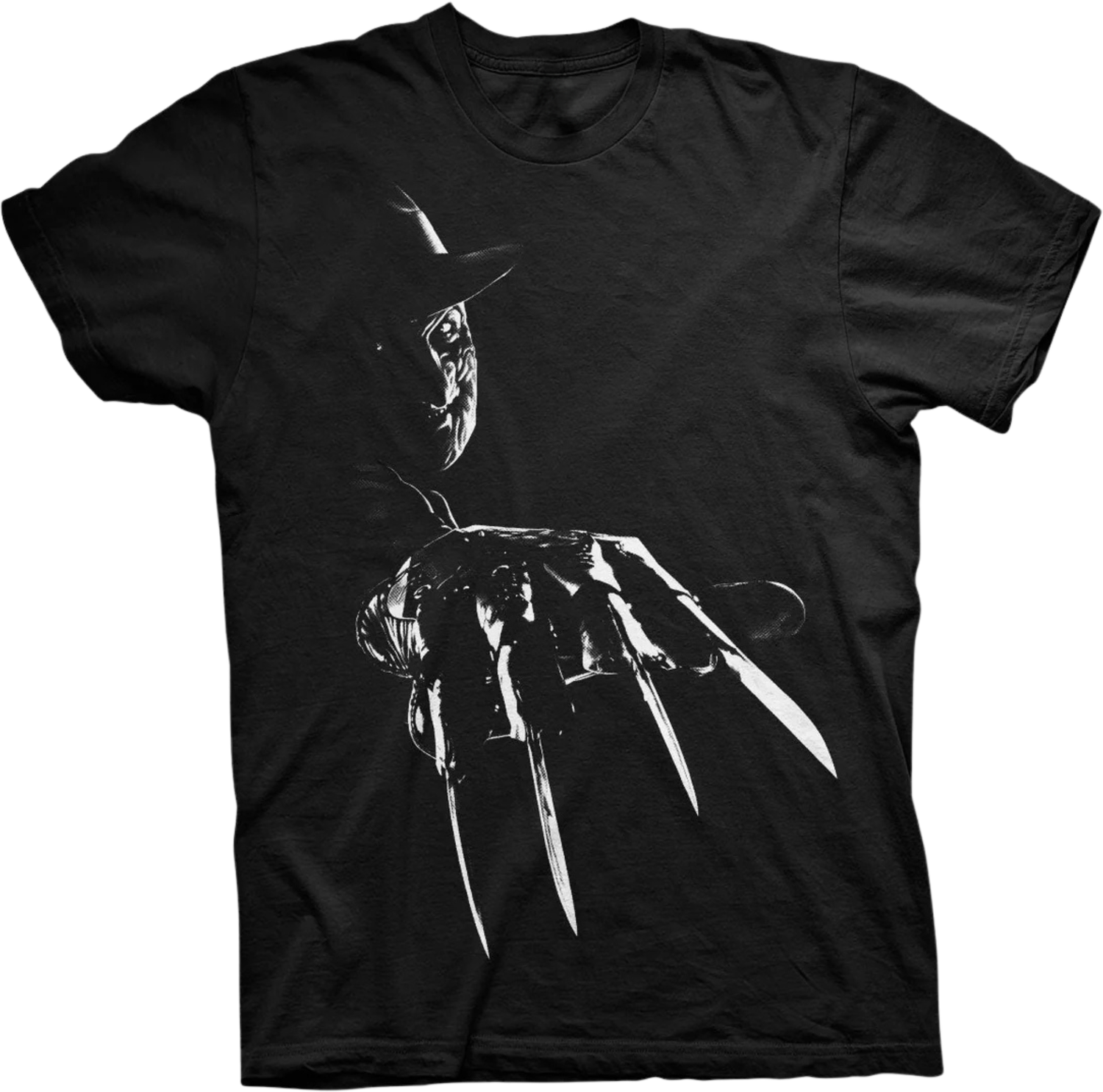 Black horror T-shirt with Freddy Krueger graphic, sharp glove blades in white contrast design.