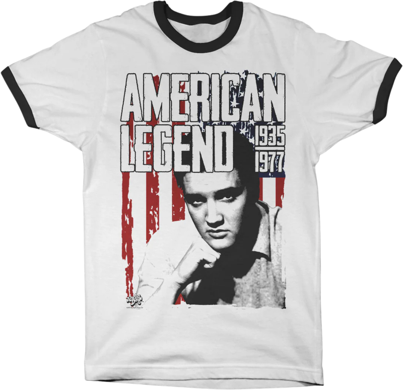 White ringer T-shirt with Elvis Presley graphic, American flag background and “American Legend 1935–1977” text.