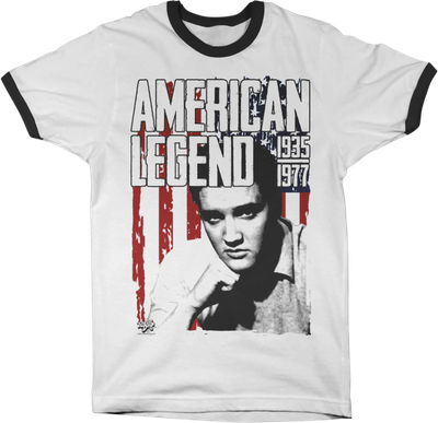 White ringer T-shirt with Elvis Presley graphic, American flag background and “American Legend 1935–1977” text.