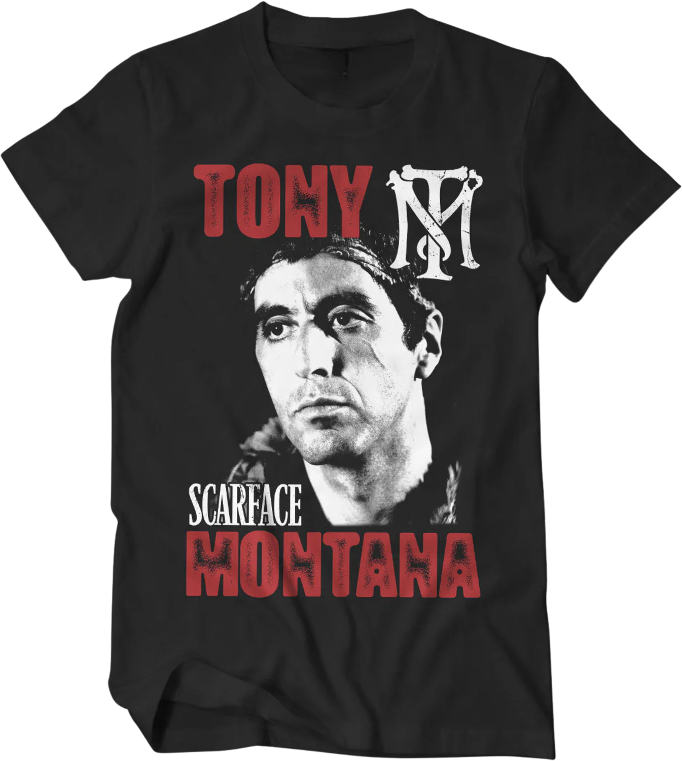 Black unisex T-shirt with Tony Montana from Scarface, large portrait and red text Tony and Montana.