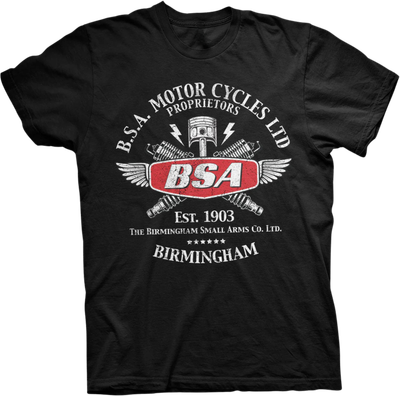 Black unisex T-shirt with vintage BSA Motor Cycles Birmingham logo print, front view.