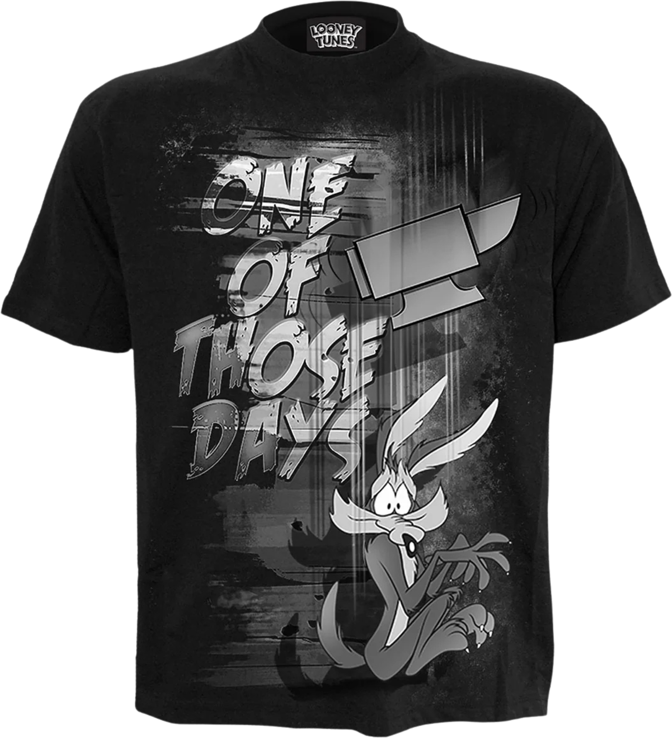 Black unisex T-shirt with Looney Tunes Wile E. Coyote and text &#39;One of Those Days&#39;, front view.