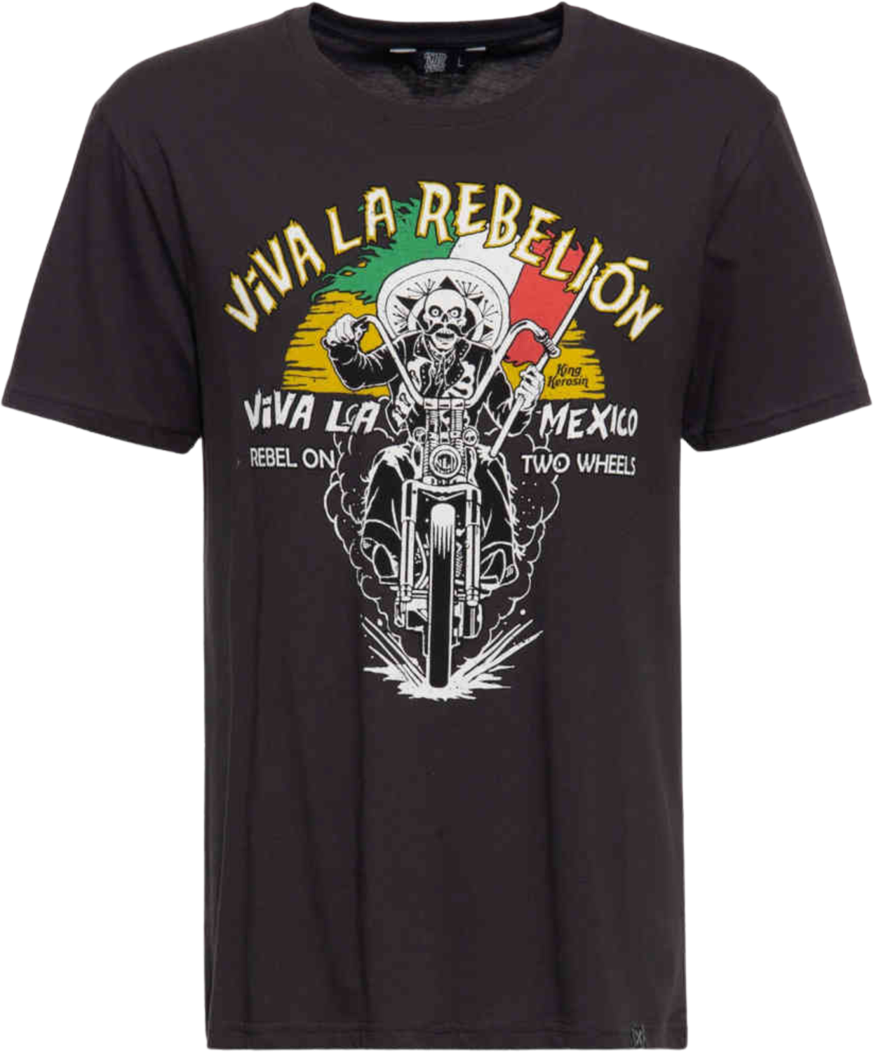 Front view of black Viva La Rebelión unisex T-shirt with skeleton on a chopper in Mexican colors.