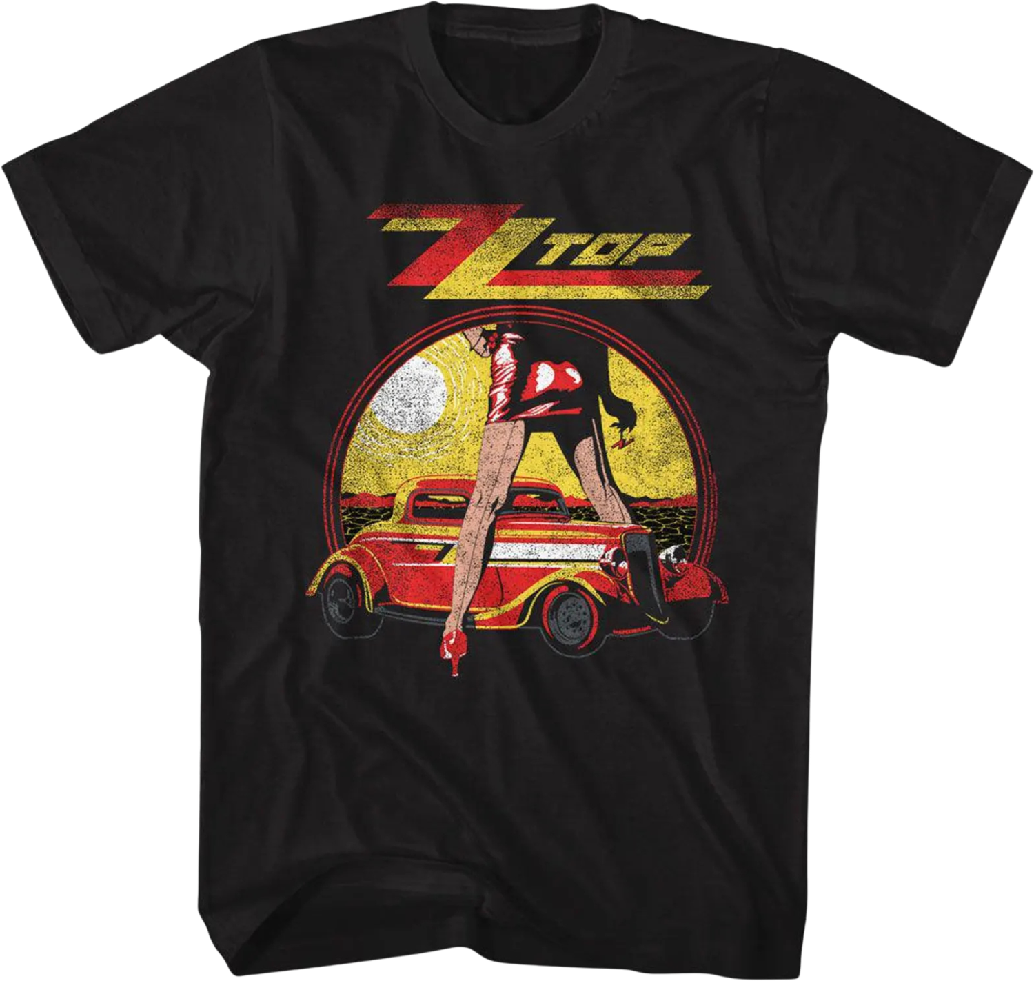 Back of black unisex T-shirt with ZZ Top hotrod design – red and yellow print featuring sexy women&#39;s legs.