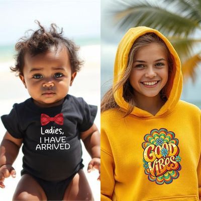 Baby in Funky Monkey® romper &amp; teen girl in hoodie, both with retro prints, bold colors, playful style.