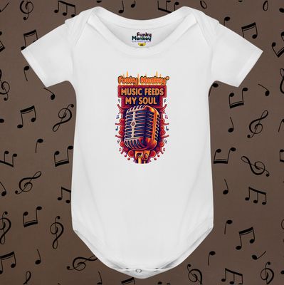 White baby romper with 50s microphone print and &quot;Music Feeds My Soul&quot; text, retro style Funky Monkey® design.