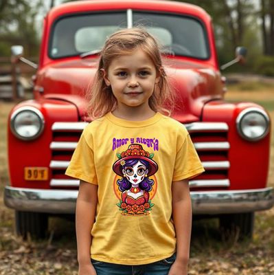 Girl in yellow Funky Monkey® T-shirt with Day of the Dead skull &amp; &quot;Amor y Alegría&quot;, in front of red 50s car.