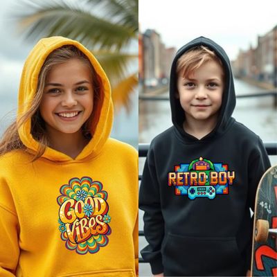 Girl in yellow hoodie with &quot;Good Vibes&quot; print &amp; boy in black hoodie with retro boy design – Funky Monkey® kids style