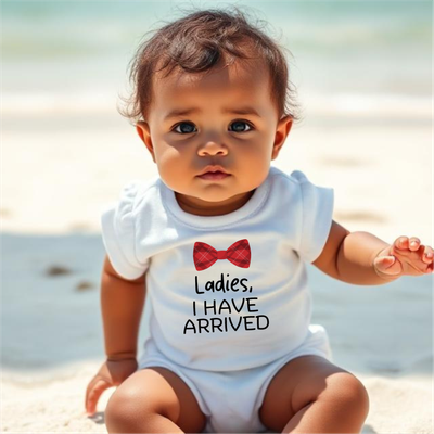 Mini Boss – Ladies, I Have Arrived White Baby Romper Baby wearing a white romper with the playful text Ladies I Have Arrived and a bow tie on the front.