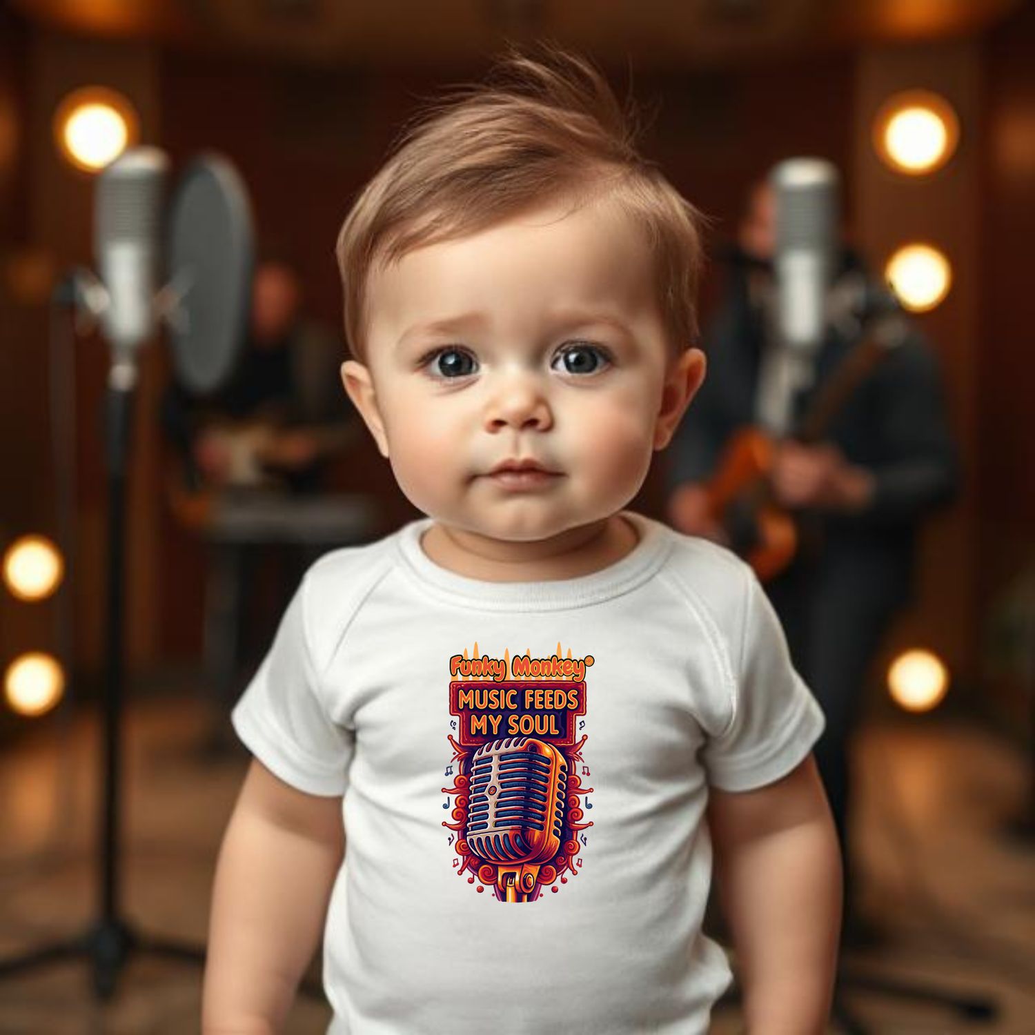 White Baby Romper – Music Feeds My Soul Front view of a baby wearing a white Music Feeds My Soul romper with colorful retro 50s microphone print.