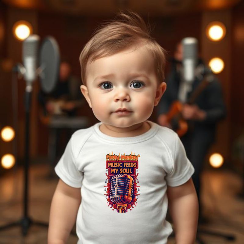 Front view of a baby wearing a white Music Feeds My Soul romper with colorful retro 50s microphone print.