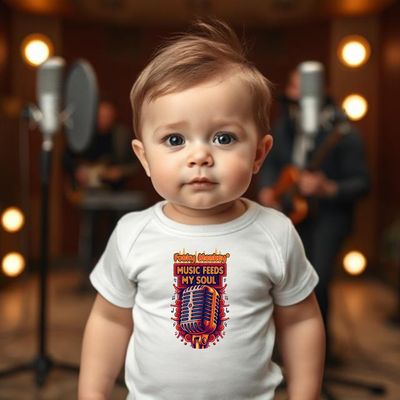 White Baby Romper – Music Feeds My Soul Front view of a baby wearing a white Music Feeds My Soul romper with colorful retro 50s microphone print.