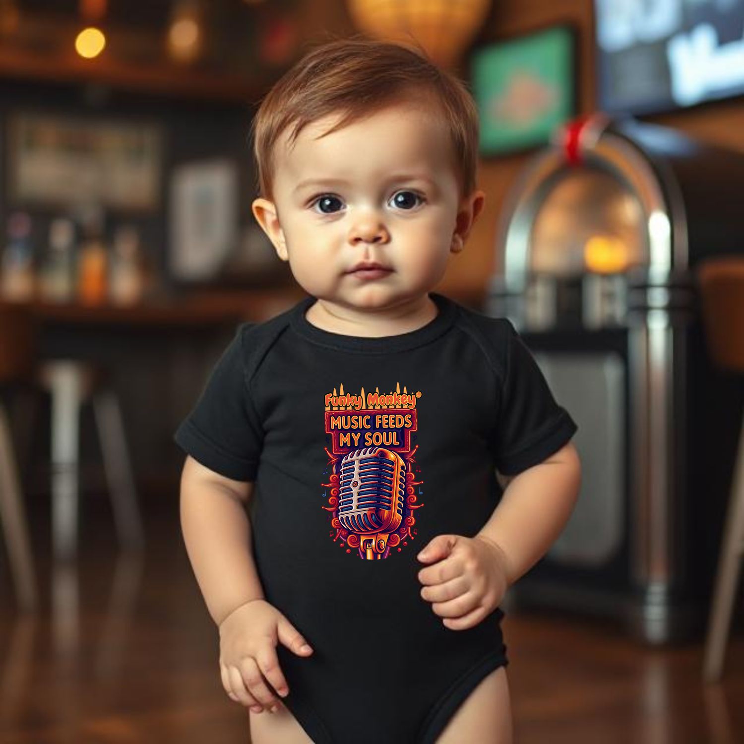 Black Baby Romper – Music Feeds My Soul Front view of a baby wearing a black Music Feeds My Soul romper with colorful retro 50s microphone print.