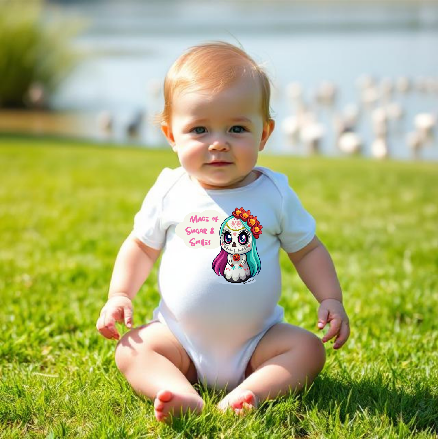 Made of Sugar & Smiles White Romper Front view of a baby wearing a white Made of Sugar & Smiles romper with cute sugar skull print.
