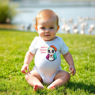 Made of Sugar & Smiles White Romper Front view of a baby wearing a white Made of Sugar & Smiles romper with cute sugar skull print.