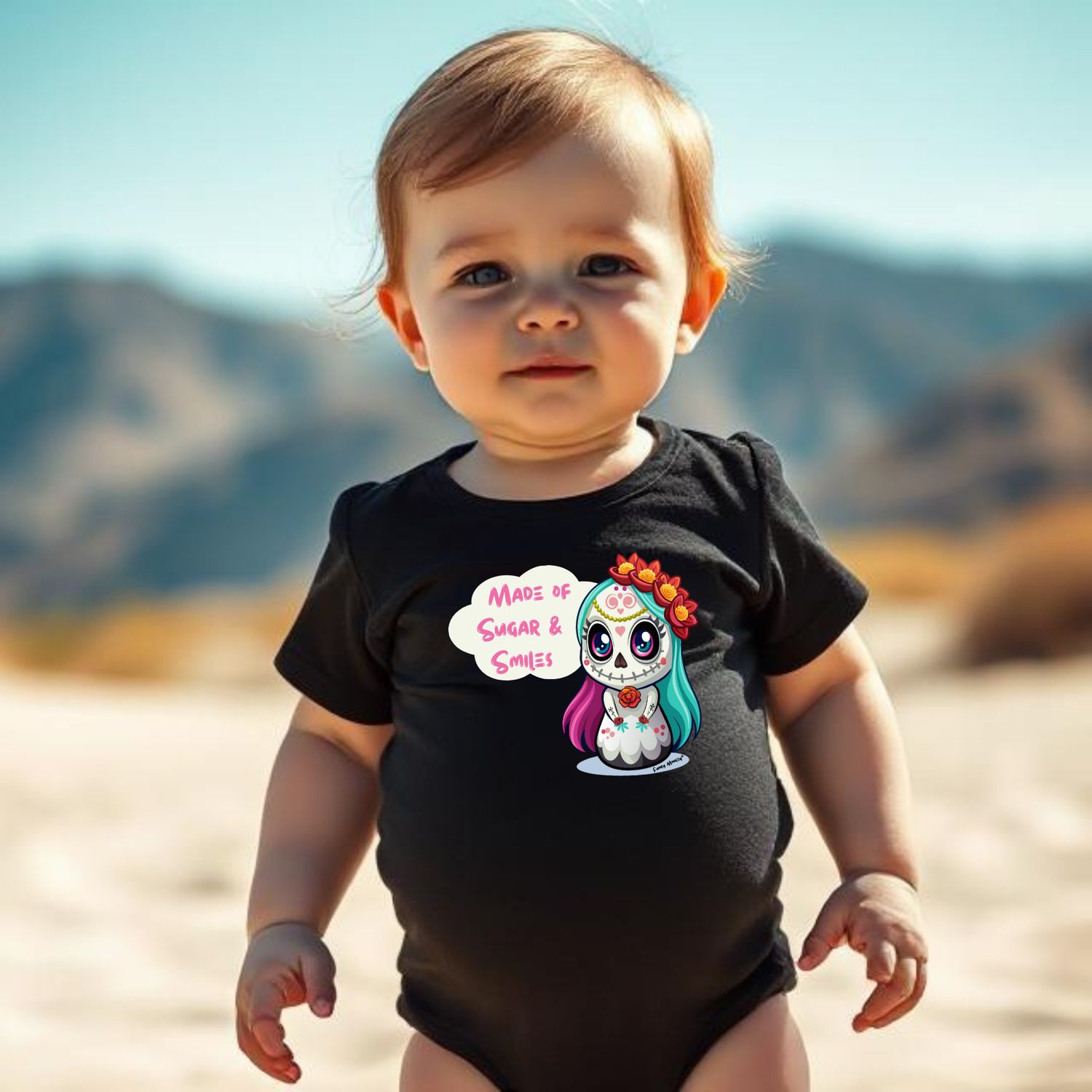 Made of Sugar & Smiles Black Romper Front view of a baby wearing a black Made of Sugar & Smiles romper with cute sugar skull print.