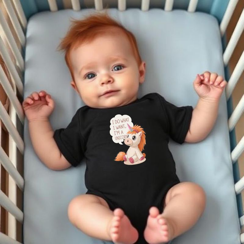 Front view of a baby wearing a black Unicorn – I Do What I Want romper with cheeky sitting unicorn print.