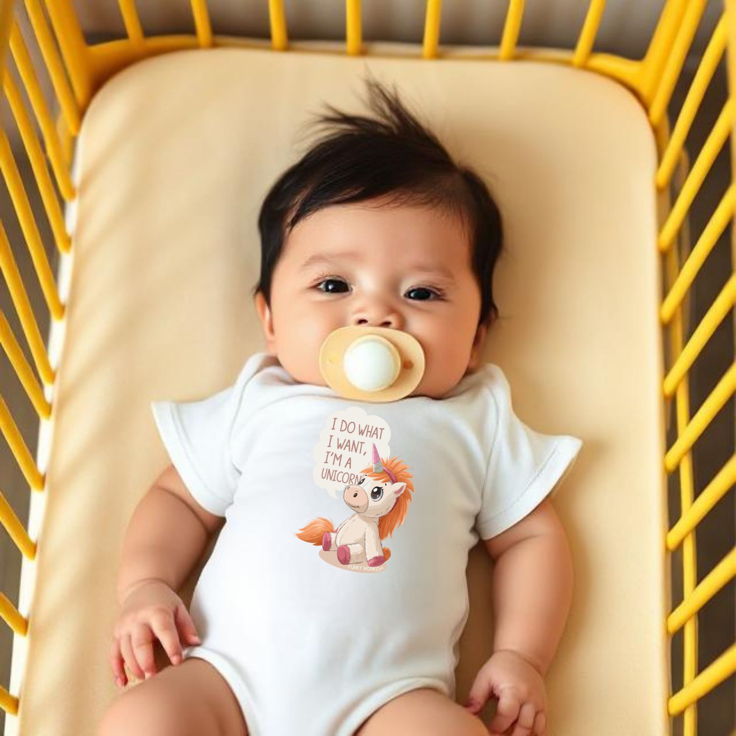 Unicorn – I Do What I Want Baby Romper White Front view of a baby wearing a white Unicorn – I Do What I Want romper with cheeky sitting unicorn print.