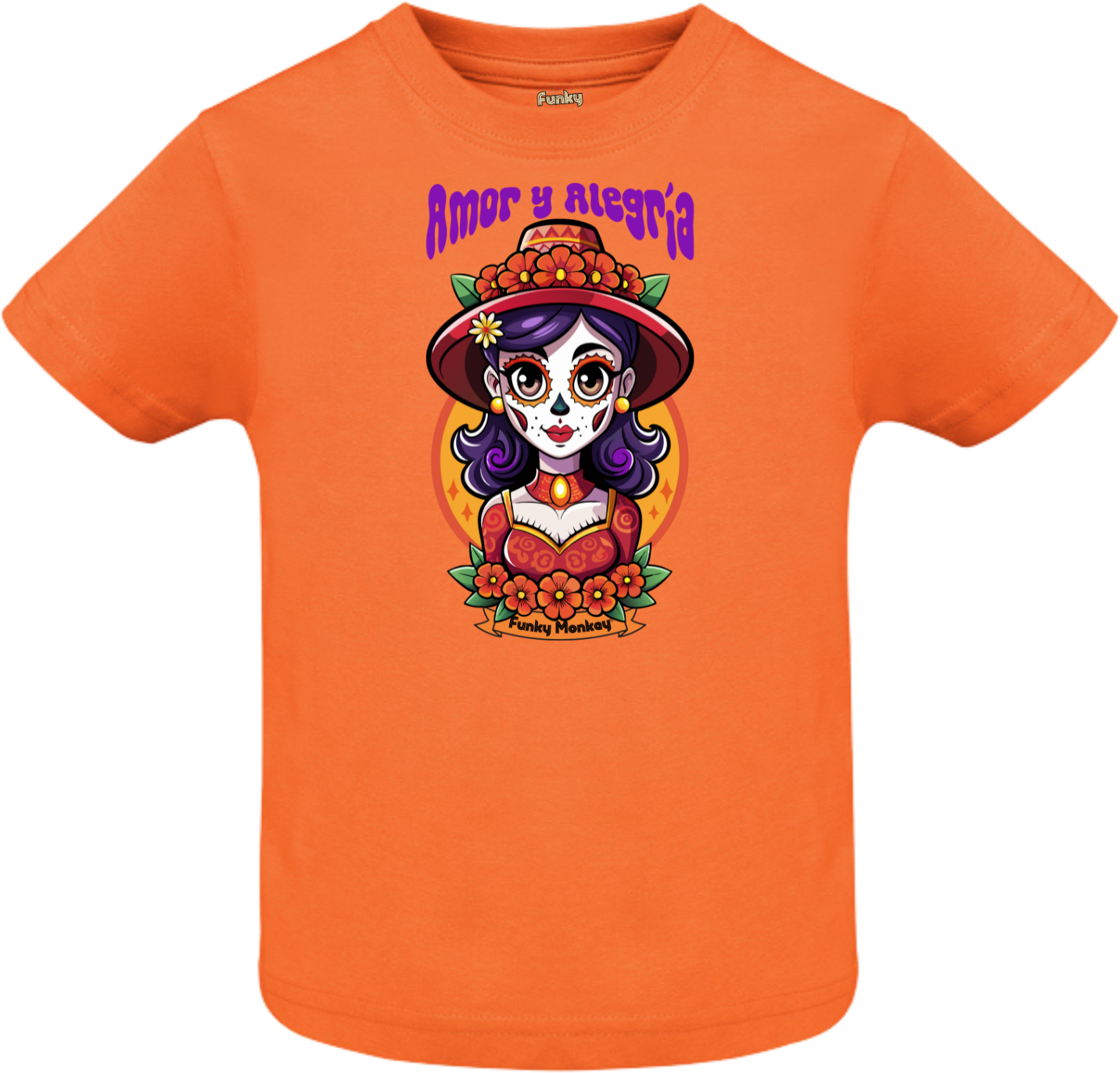 Catrina Amor y Alegría Kids Tee in Orange Front view of orange T-shirt with colorful Catrina Day of the Dead illustration and text Amor y Alegría.