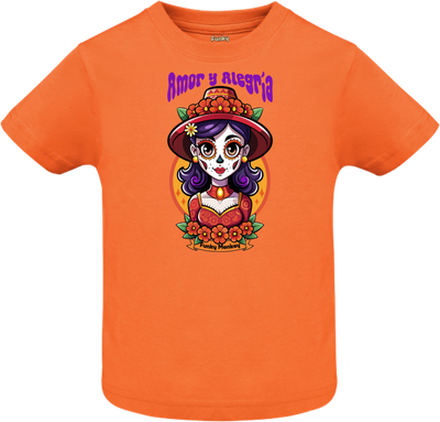 Catrina Amor y Alegría Kids Tee in Orange Front view of orange T-shirt with colorful Catrina Day of the Dead illustration and text Amor y Alegría.