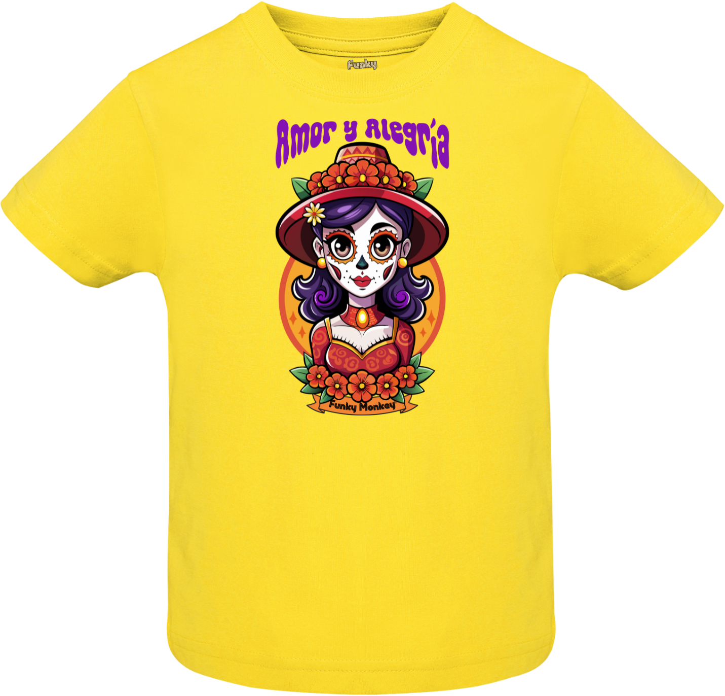 Catrina Amor y Alegría Kids Tee in Yellow Front view of yellow T-shirt with colorful Catrina Day of the Dead illustration and text Amor y Alegría.