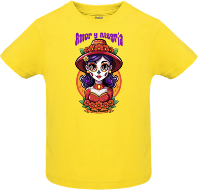Catrina Amor y Alegría Kids Tee in Yellow Front view of yellow T-shirt with colorful Catrina Day of the Dead illustration and text Amor y Alegría.