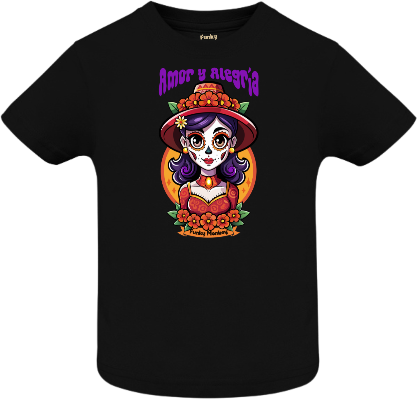 Catrina Amor y Alegría Kids Tee in Black Front view of black T-shirt with colorful Catrina Day of the Dead illustration and text Amor y Alegría.