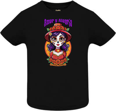 Catrina Amor y Alegría Kids Tee in Black Front view of black T-shirt with colorful Catrina Day of the Dead illustration and text Amor y Alegría.