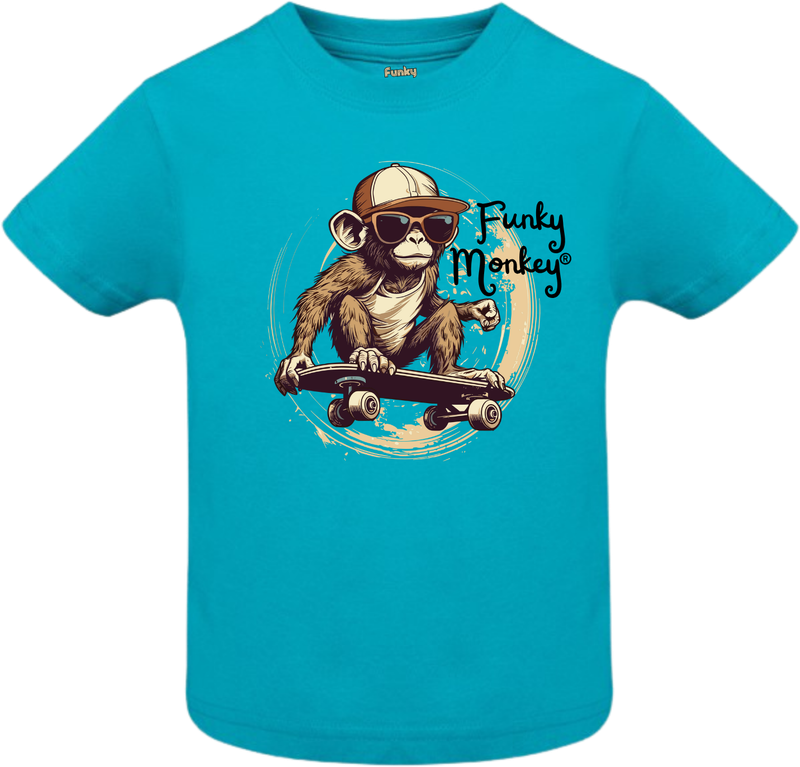 Turquoise kids T-shirt with Funky Monkey® text and a playful monkey riding a skateboard illustration