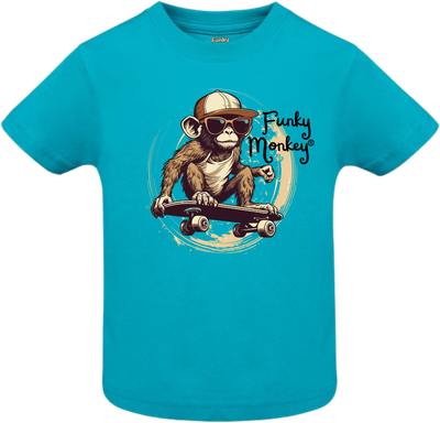 Funky Monkey® Skateboard Turqoise Kids T-shirt Turquoise kids T-shirt with Funky Monkey® text and a playful monkey riding a skateboard illustration