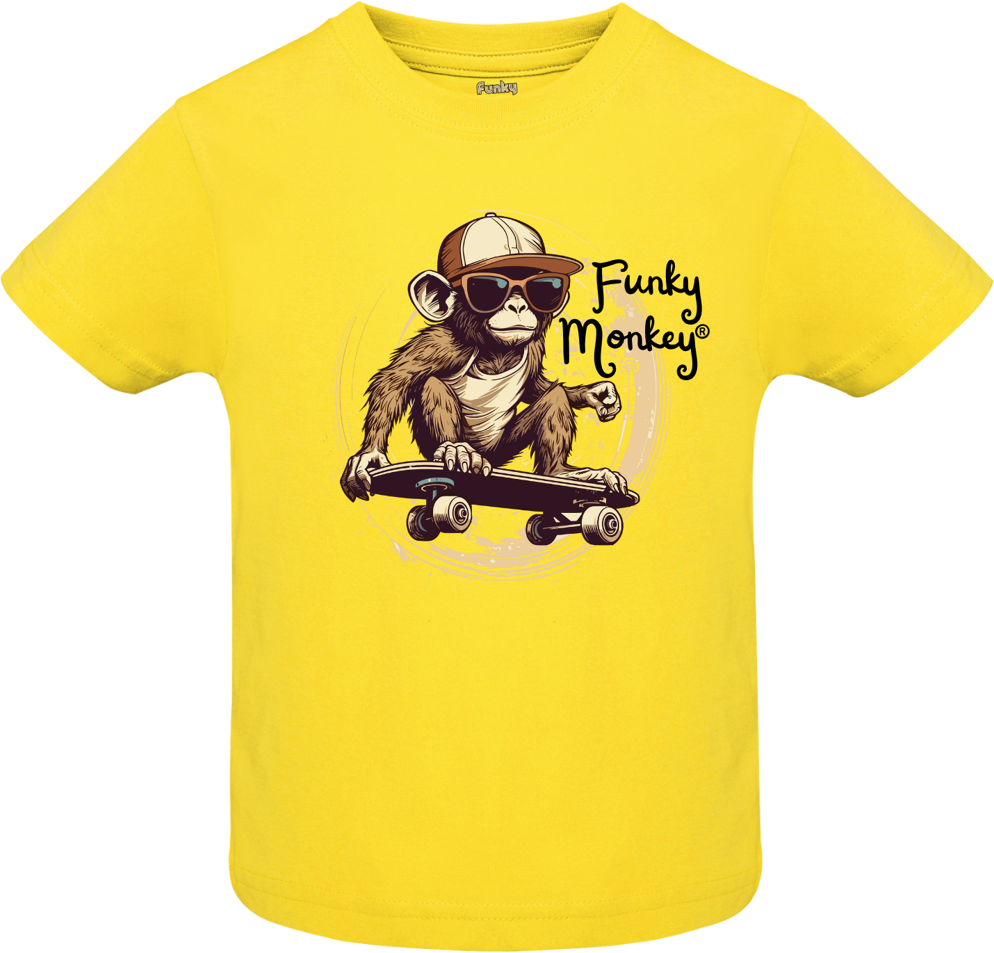Yellow kids T-shirt with Funky Monkey® text and a playful monkey riding a skateboard illustration