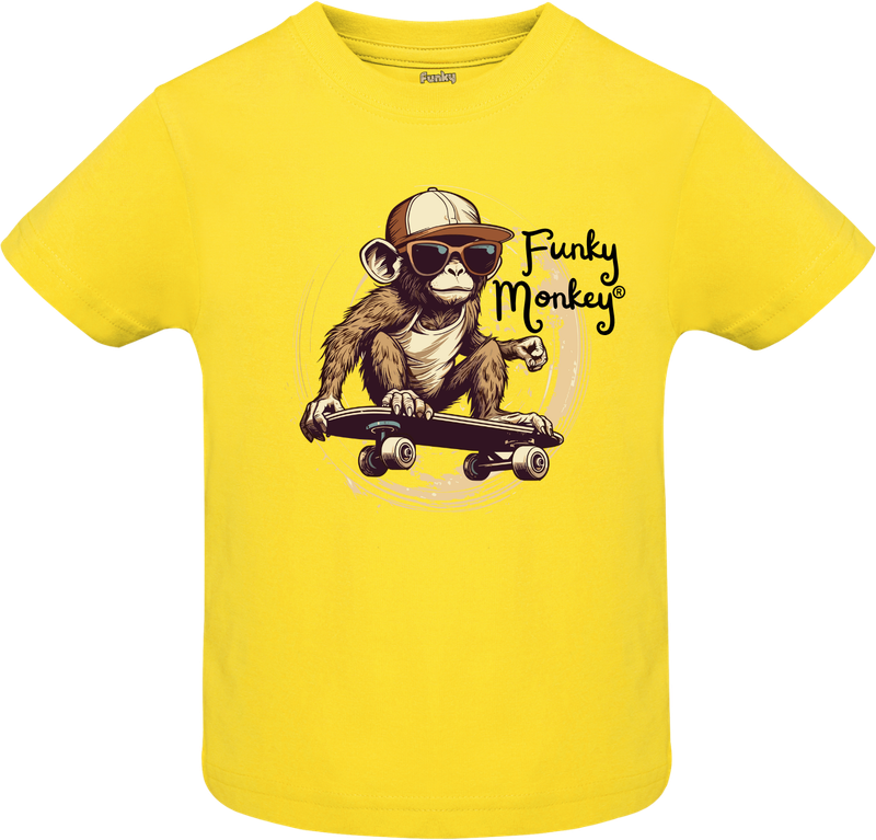 Yellow kids T-shirt with Funky Monkey® text and a playful monkey riding a skateboard illustration