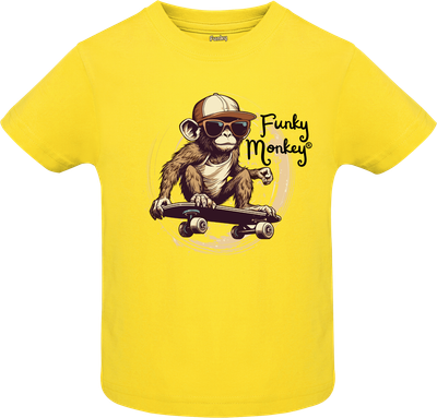 Funky Monkey® Skateboard Yellow Kids T-shirt Yellow kids T-shirt with Funky Monkey® text and a playful monkey riding a skateboard illustration