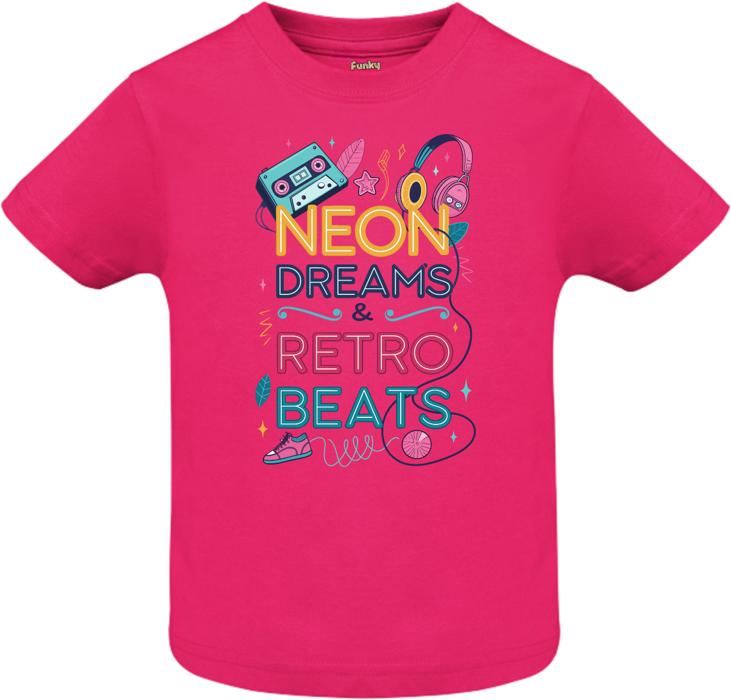 Neon Dreams & Retro Beats Fuchsia Kids T-shirt Fuchsia kids T-shirt with retro neon music print, cassette, headphones, and sneakers – Pop Vibes & Color Splash