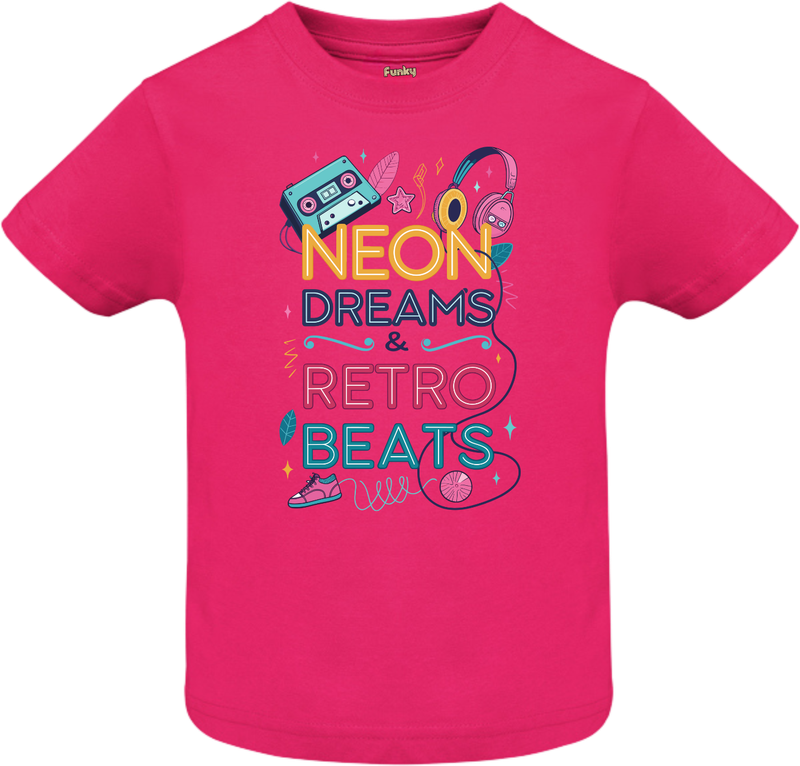 Fuchsia kids T-shirt with retro neon music print, cassette, headphones, and sneakers – Pop Vibes &amp; Color Splash