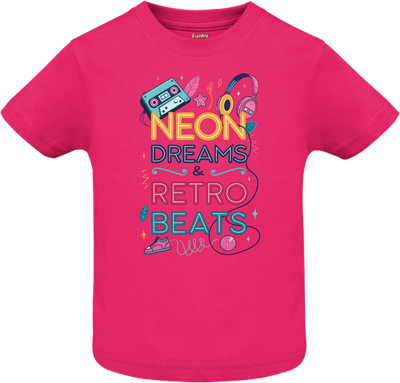Neon Dreams & Retro Beats Fuchsia Kids T-shirt Fuchsia kids T-shirt with retro neon music print, cassette, headphones, and sneakers – Pop Vibes & Color Splash