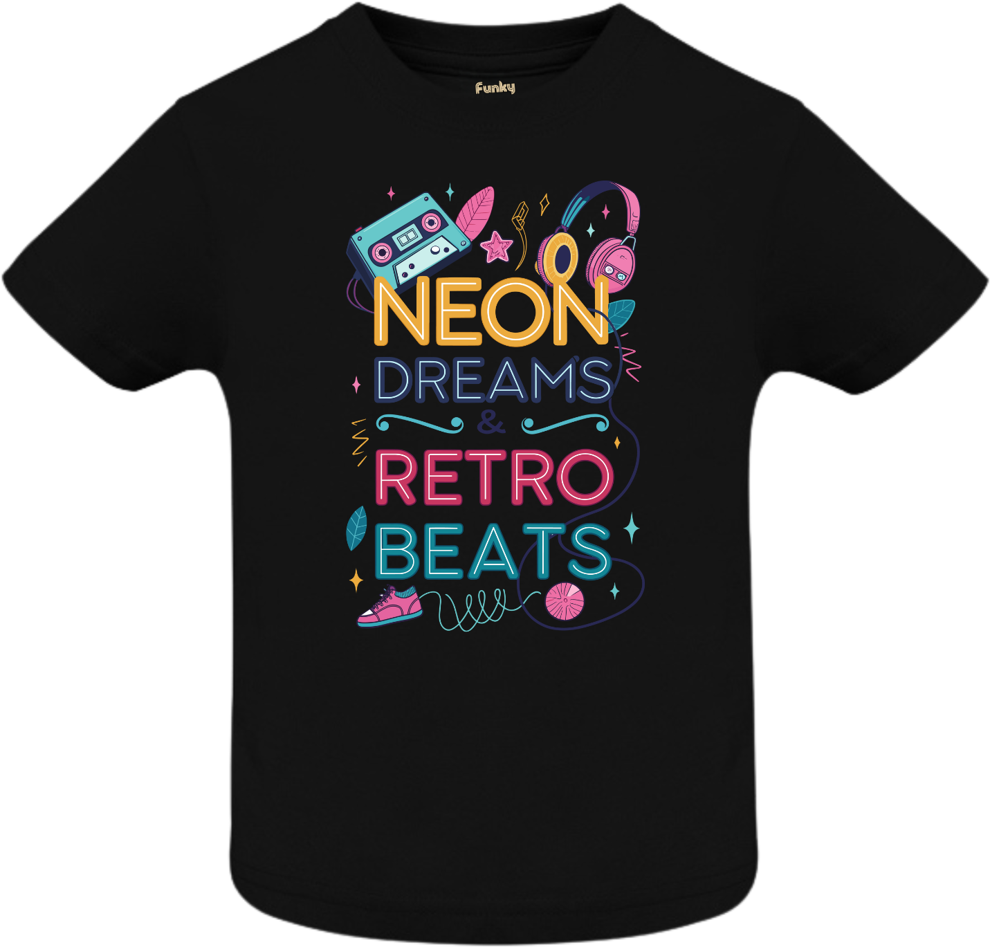 Black kids T-shirt with retro neon music print, cassette, headphones, and sneakers – Neon Dreams &amp; Retro Beats