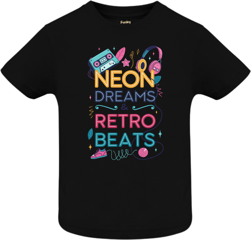 Black kids T-shirt with retro neon music print, cassette, headphones, and sneakers – Neon Dreams &amp; Retro Beats