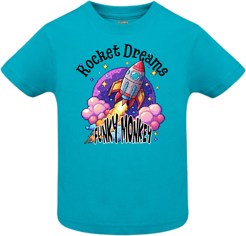 Turquoise kids tee with retro pixel rocket design and Rocket Dreams Funky Monkey text