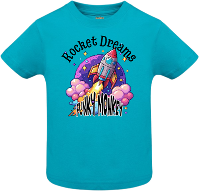 Rocket Dreams Kids T-Shirt – Turquoise Turquoise kids tee with retro pixel rocket design and Rocket Dreams Funky Monkey text