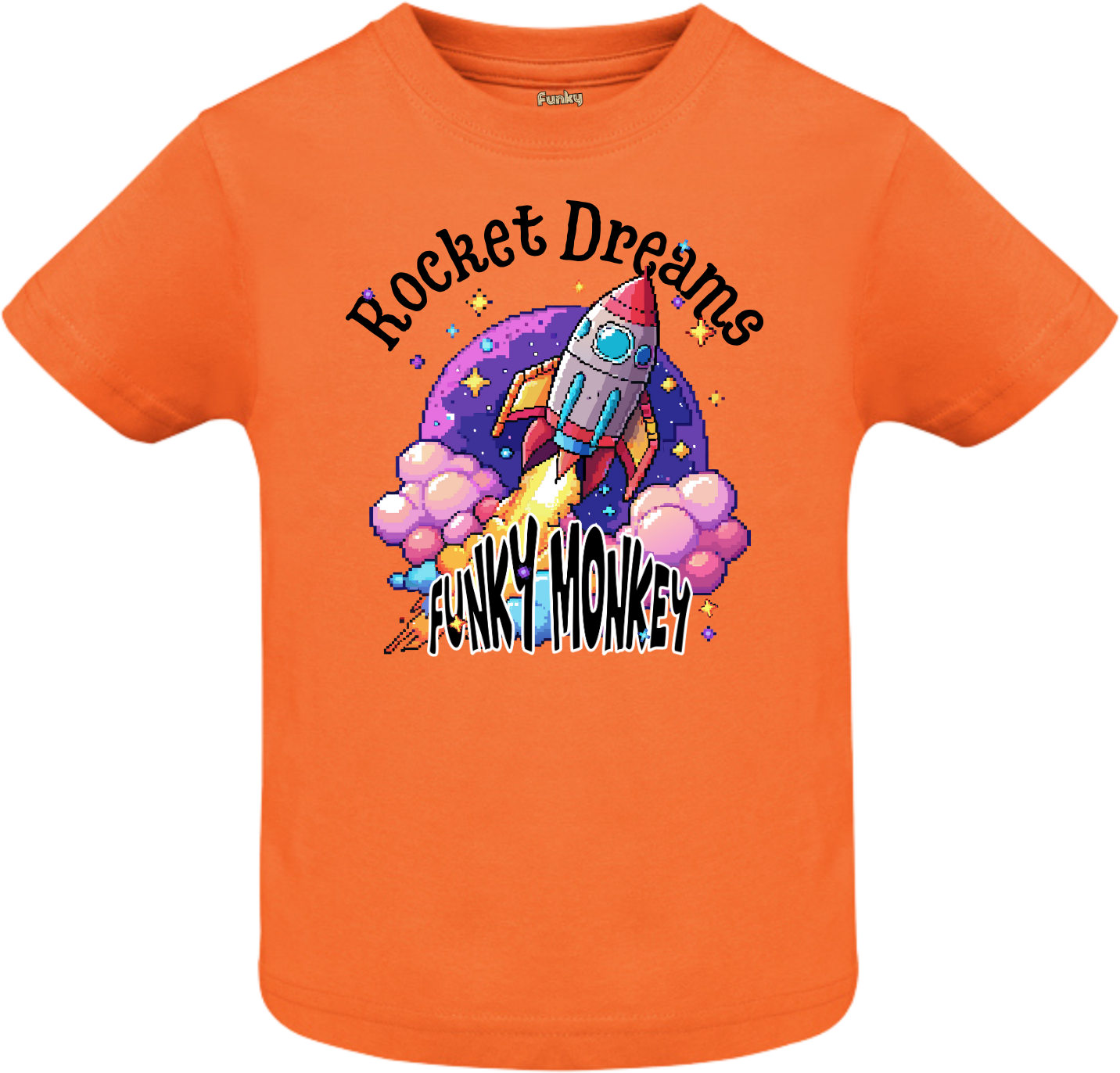 Orange kids tee with retro pixel rocket design and Rocket Dreams Funky Monkey text