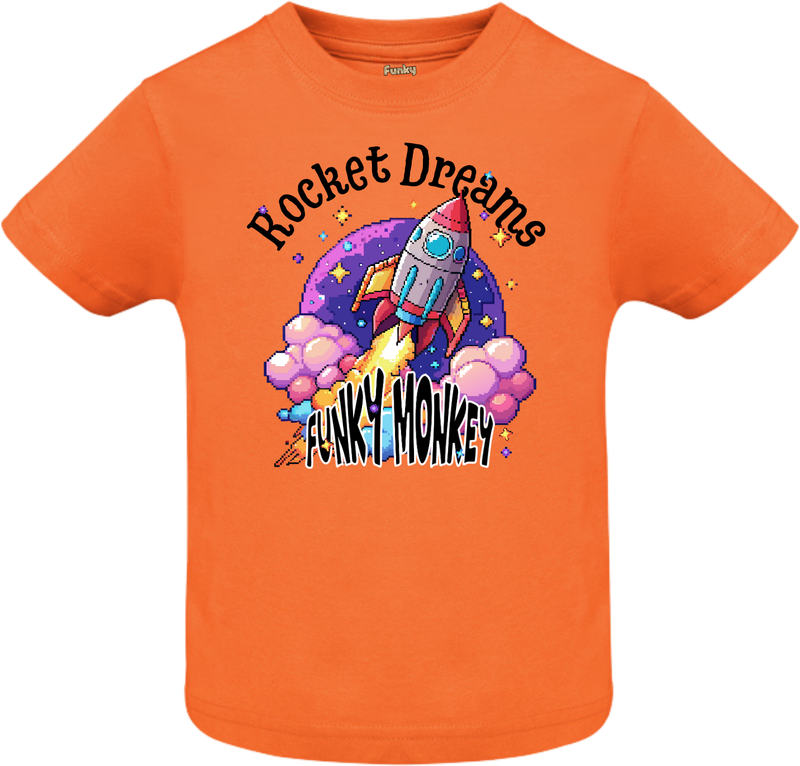 Orange kids tee with retro pixel rocket design and Rocket Dreams Funky Monkey text