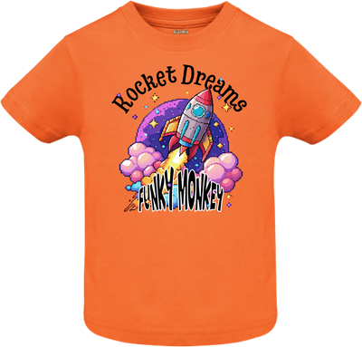 Rocket Dreams Kids T-Shirt – Orange Orange kids tee with retro pixel rocket design and Rocket Dreams Funky Monkey text